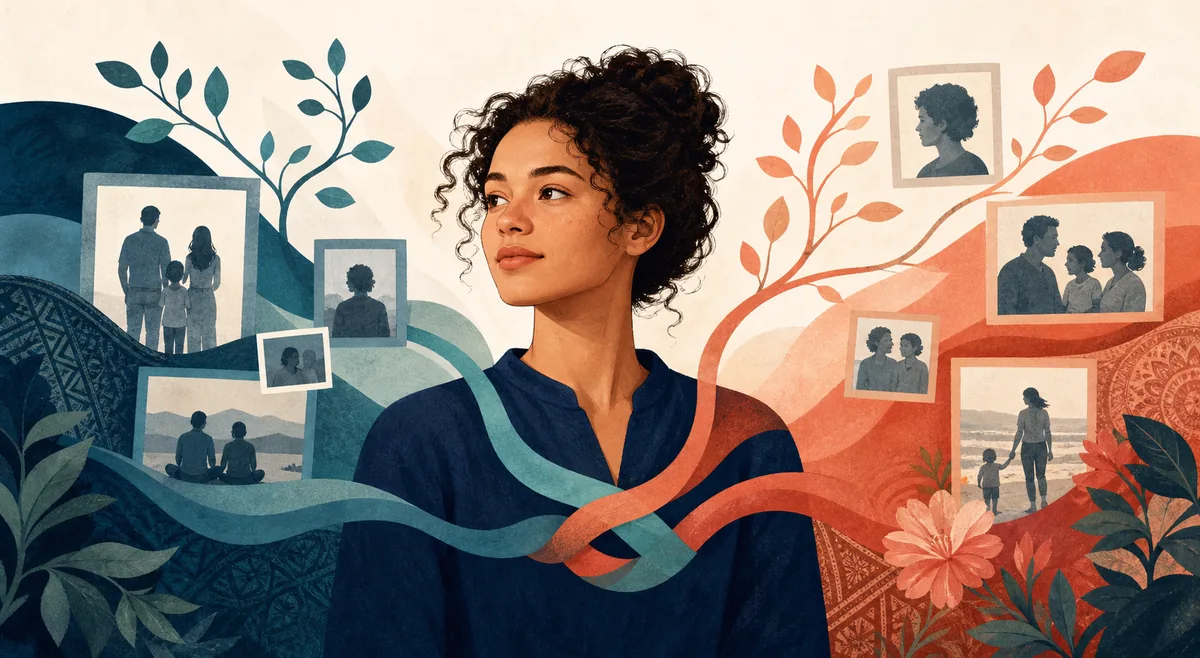 Editorial illustration of two family heritage threads joining around one person