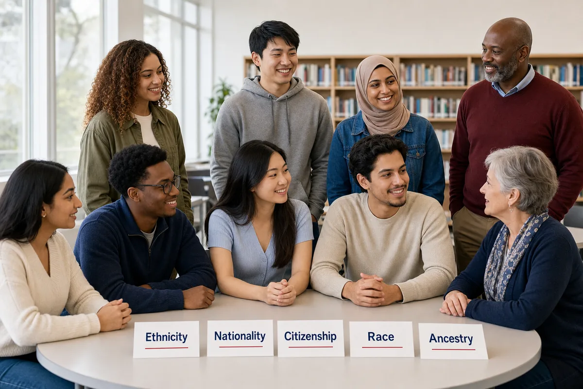 Diverse Americans comparing ethnicity, nationality, citizenship, race, and ancestry concepts