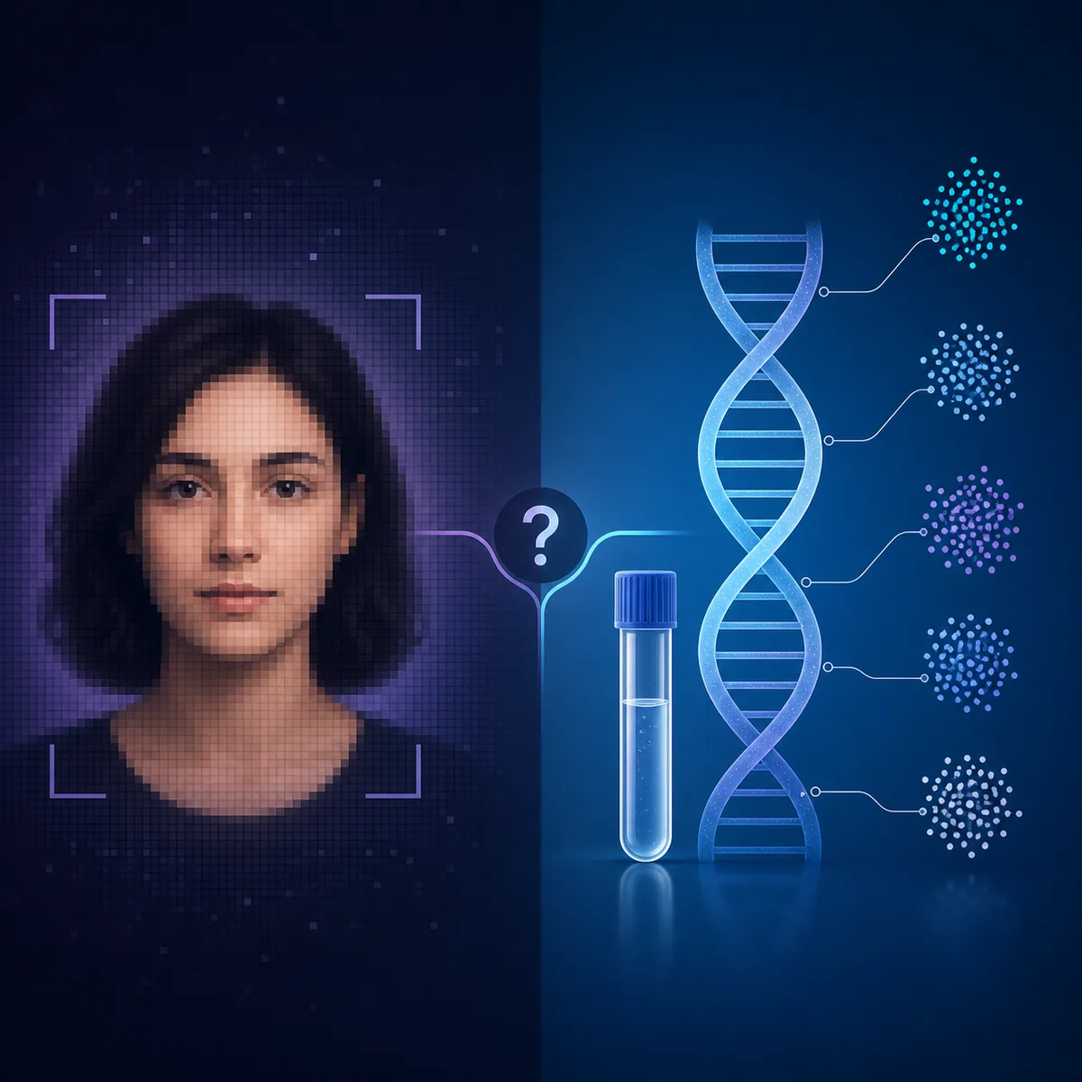 Editorial comparison of a pixelated face photo and DNA ancestry analysis with reference-population dots