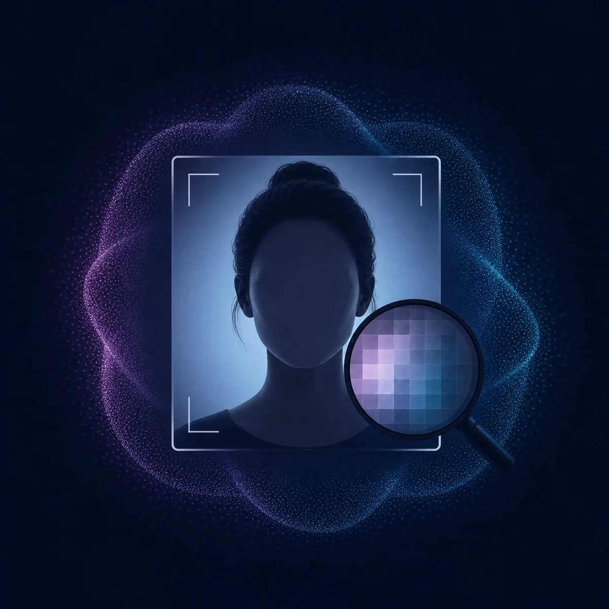 Editorial illustration of a neutral portrait photo being examined by an AI-style visual model