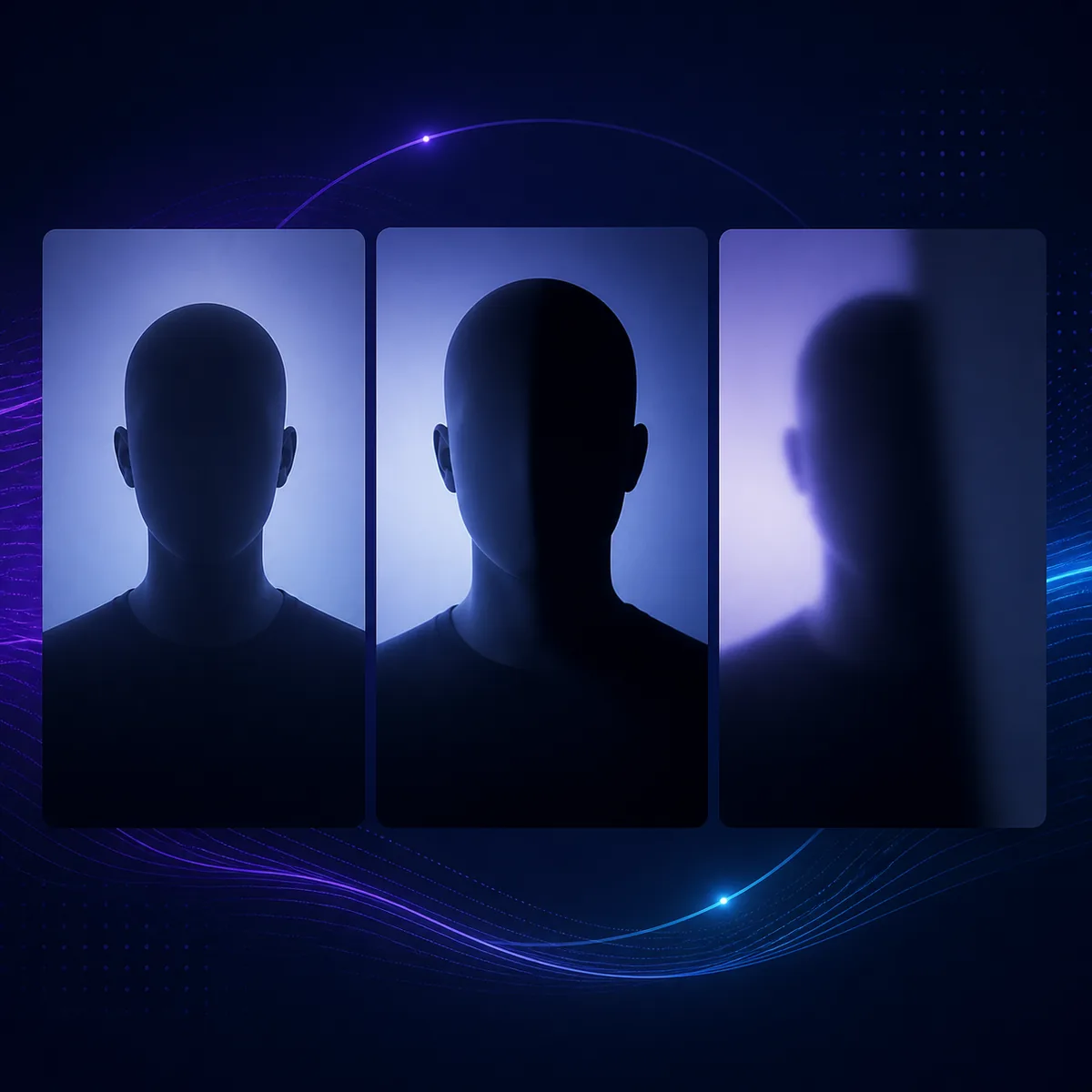 Three neutral portrait panels showing how lighting, shadow, and blur change the visual information in a photo