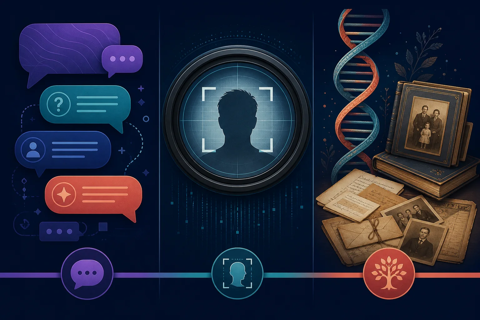 Three-part editorial comparison of a chat conversation, a photo-based AI lens, and DNA records with family albums