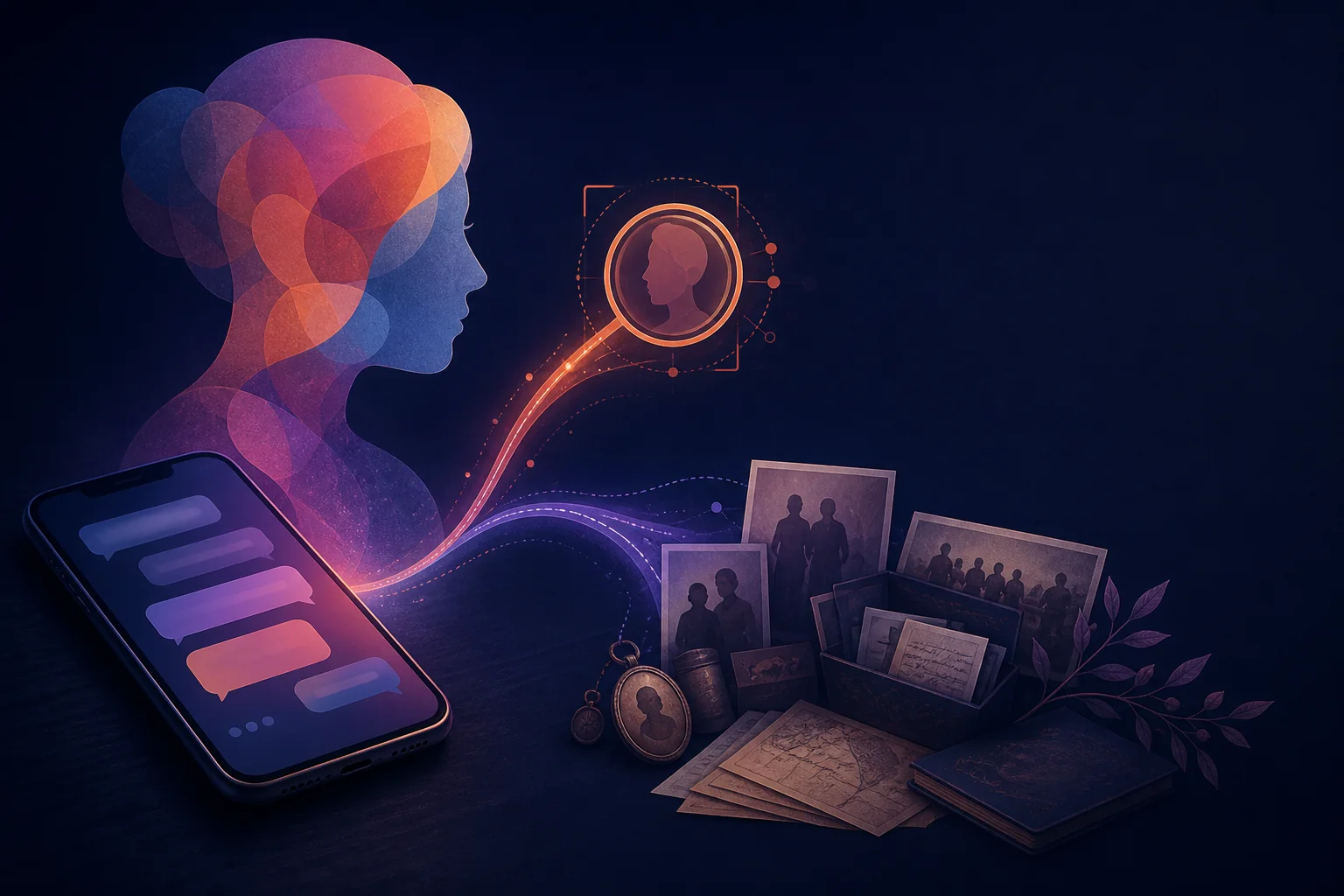 Editorial illustration of a ChatGPT-style conversation, a portrait silhouette, and family-history records connected by two different paths