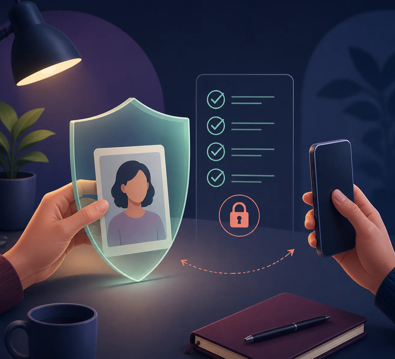 Editorial privacy illustration showing a personal photo behind a shield, a checklist, and a phone