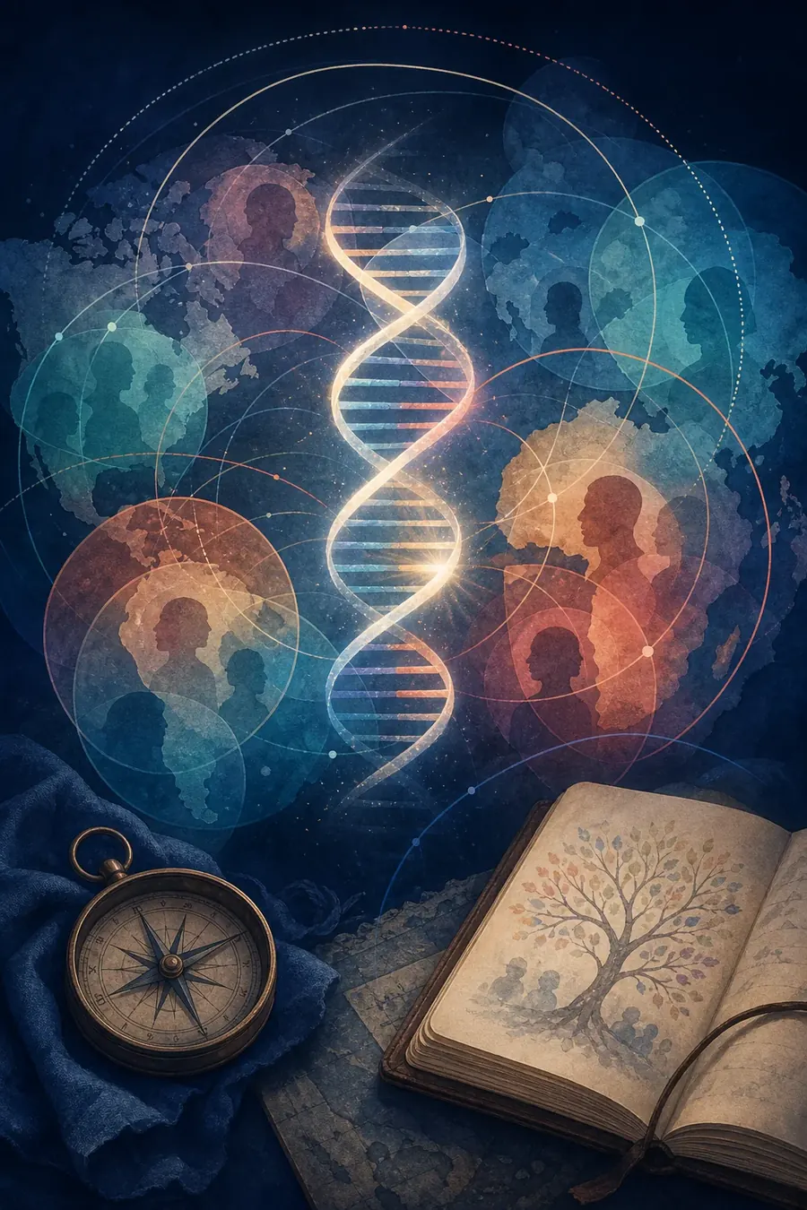 Editorial illustration showing overlapping reference populations and uncertainty around DNA ancestry estimates