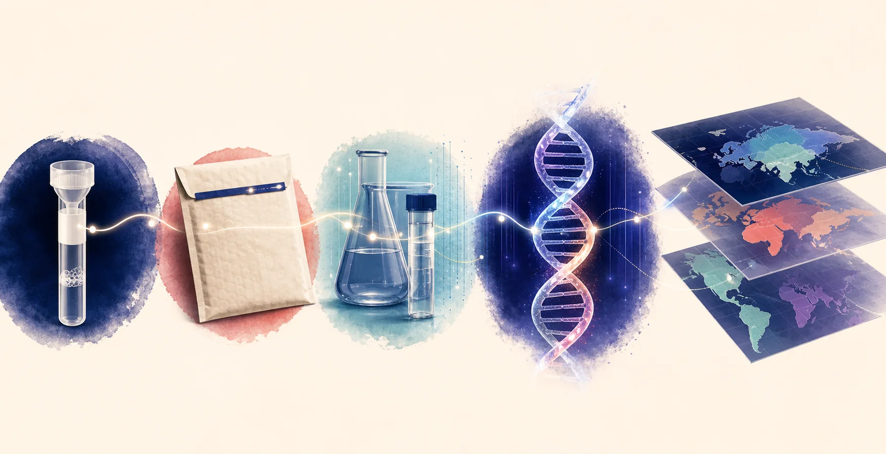 Editorial illustration showing the path from a DNA sample to laboratory analysis and reference population estimates