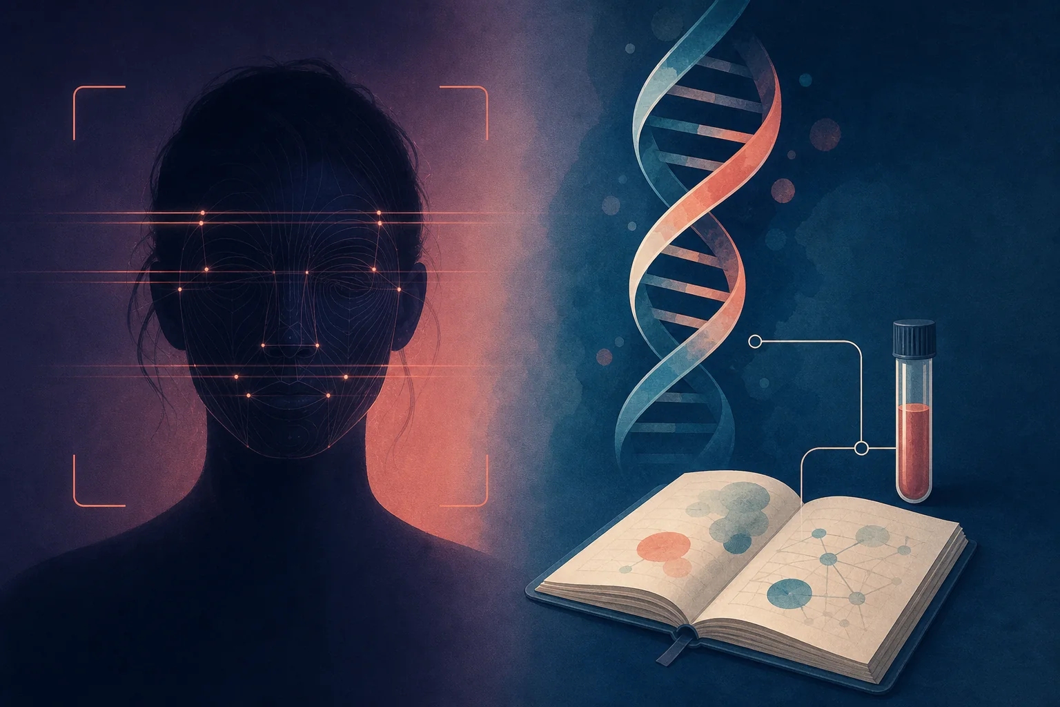 Editorial illustration contrasting an AI facial analysis with a DNA ancestry sample and research notes