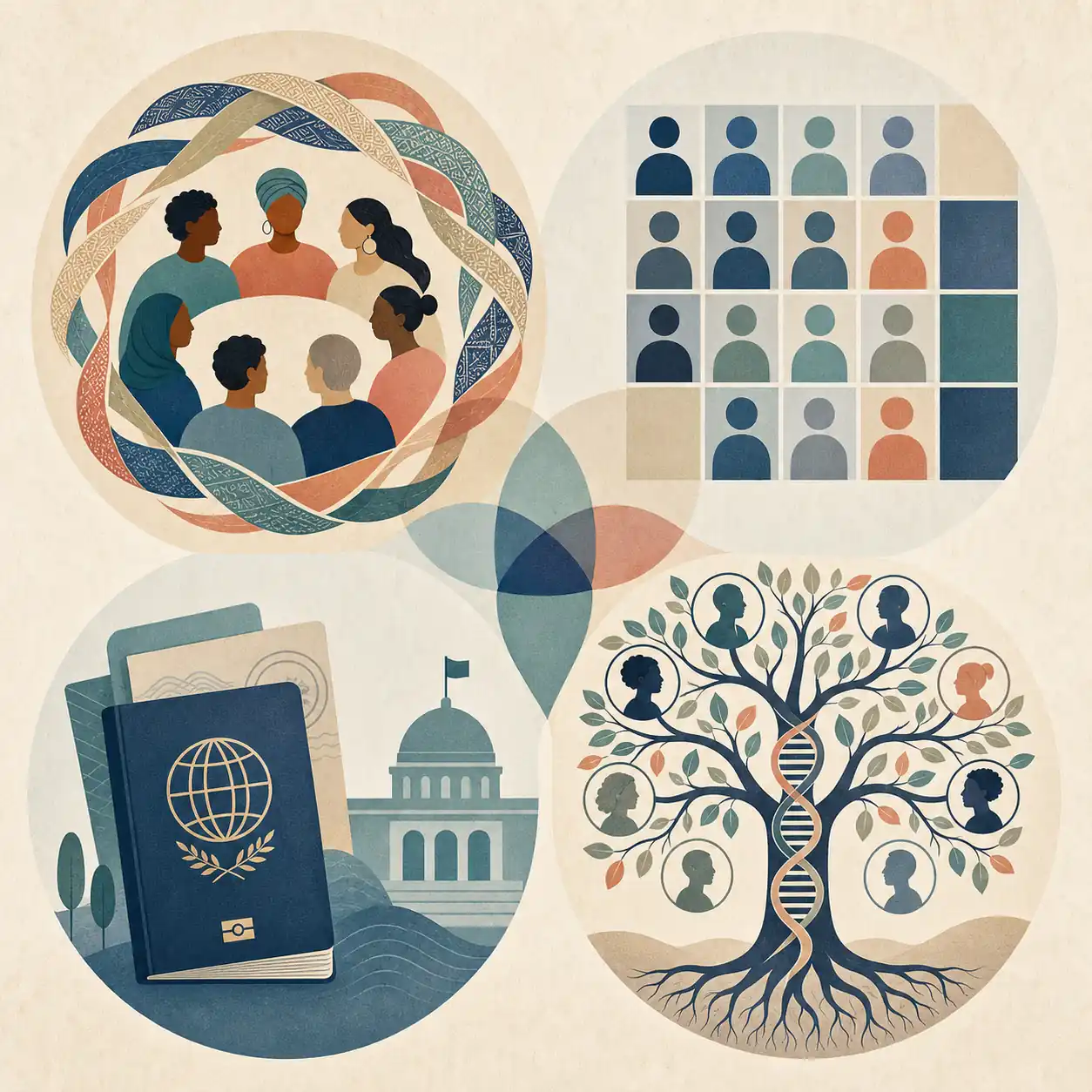 Editorial comparison graphic showing culture, social categories, civic nationality, and family ancestry as related but distinct ideas