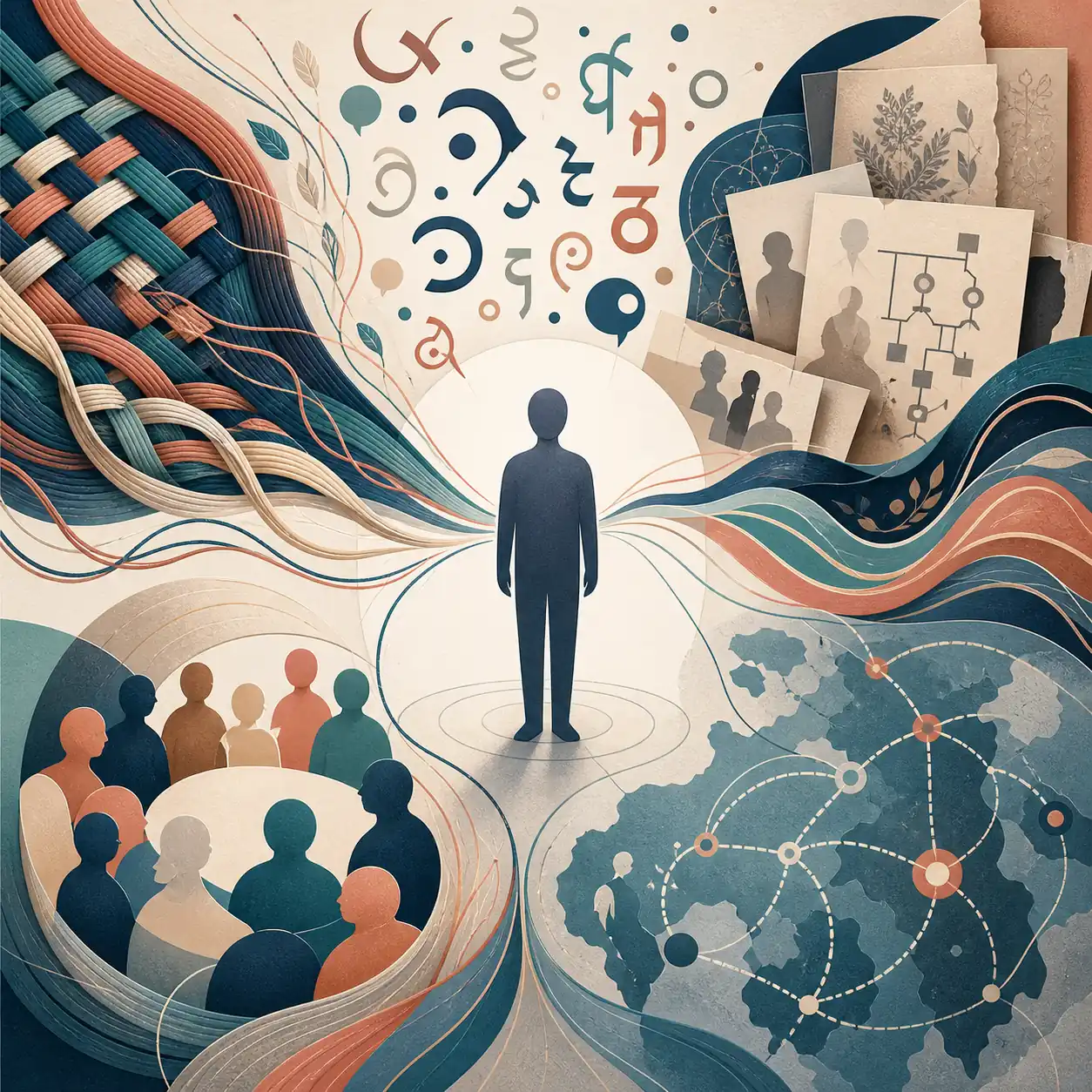 Editorial illustration showing culture, language, family history, and community as parts of ethnicity
