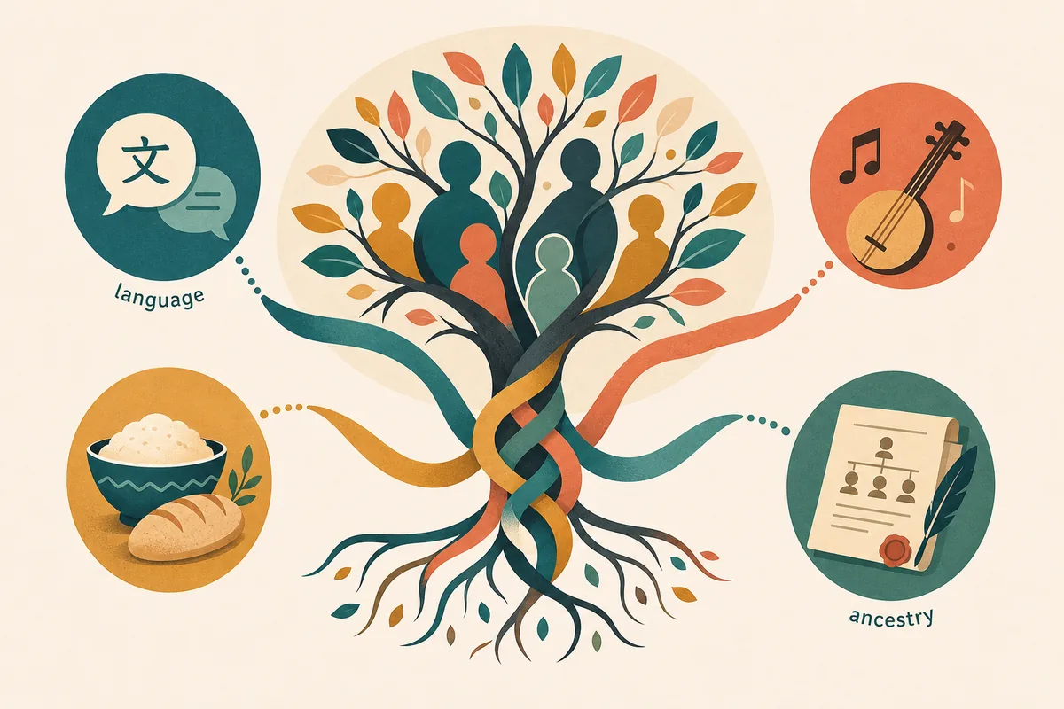 Editorial illustration of family heritage, language, food, music, and ancestry symbols for ethnicity examples