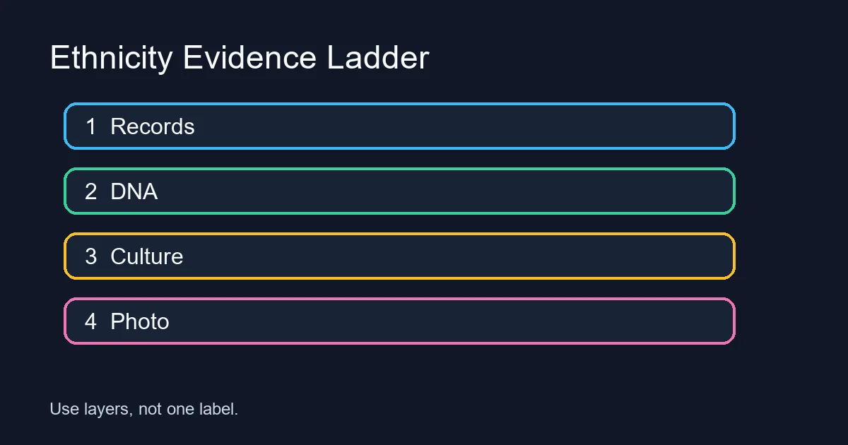 Evidence ladder for finding your ethnicity using records, DNA, culture, and photo tools
