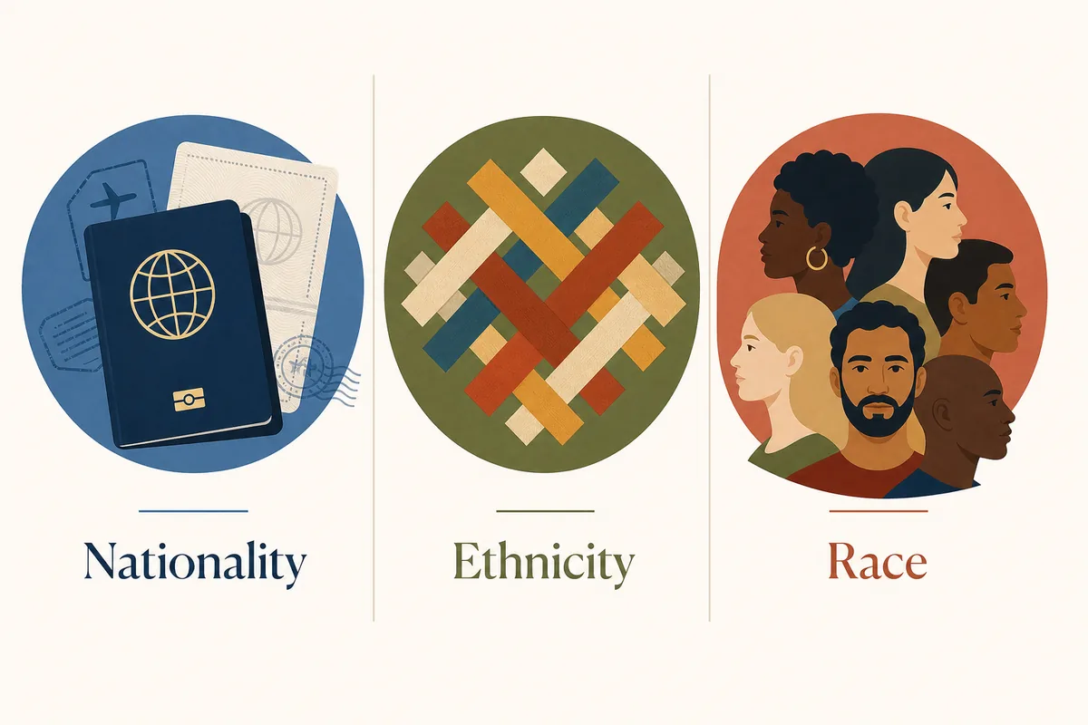 Editorial comparison of nationality, ethnicity, and race using passport, cultural pattern, and diverse face symbols