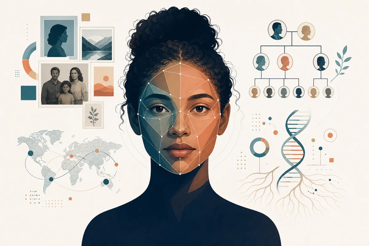 Editorial illustration of a phenotype guesser comparing facial appearance clues with ancestry evidence