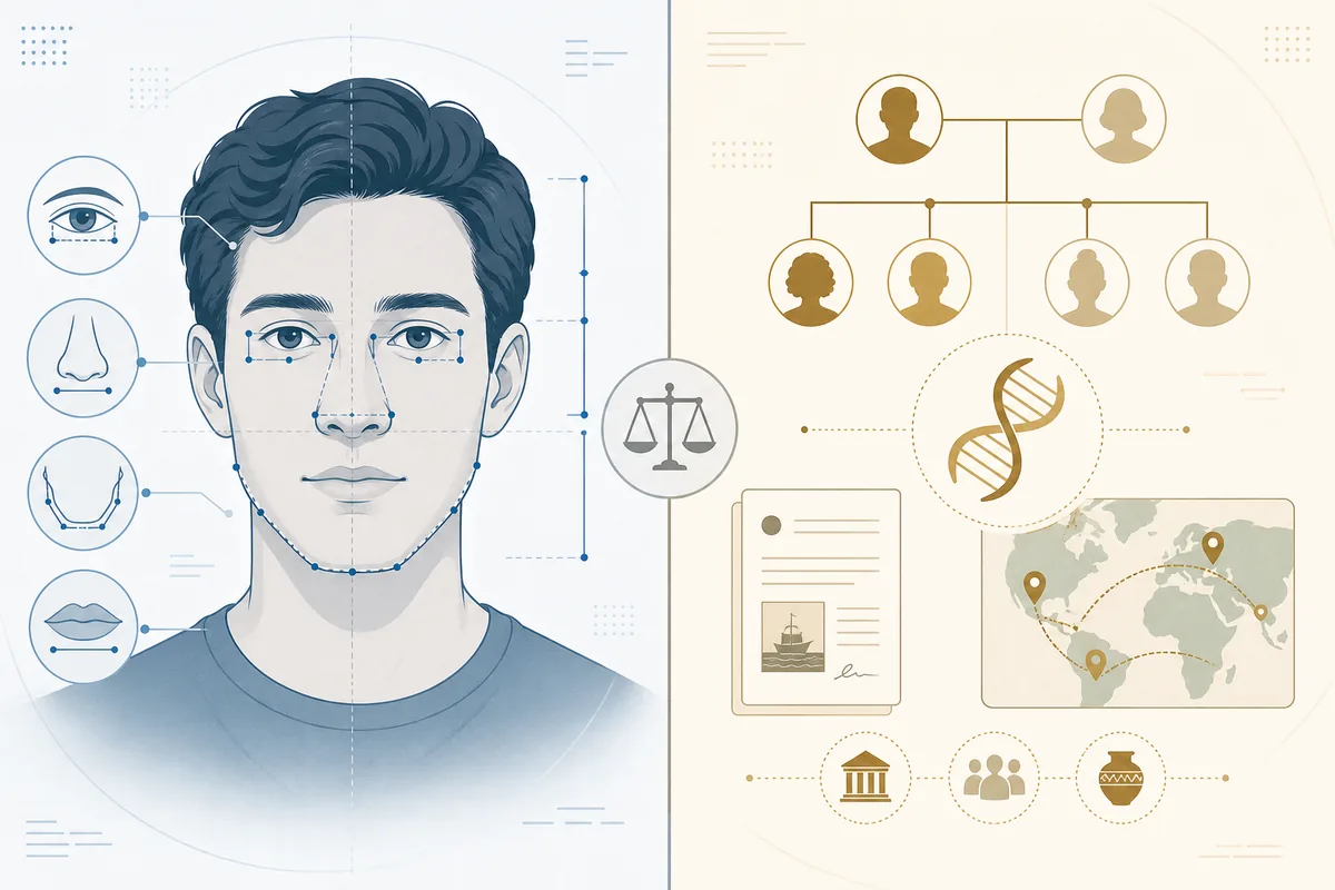 Comparison graphic showing phenotype guesser photo clues beside DNA and family record evidence
