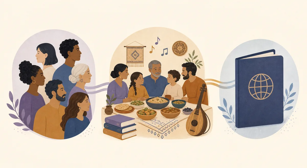 Editorial illustration comparing social identity, cultural heritage, and nationality symbols