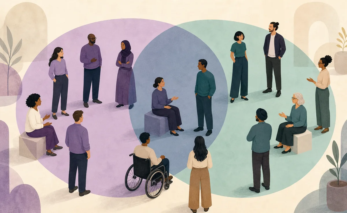 Inclusive editorial illustration showing overlapping social and cultural identity groups